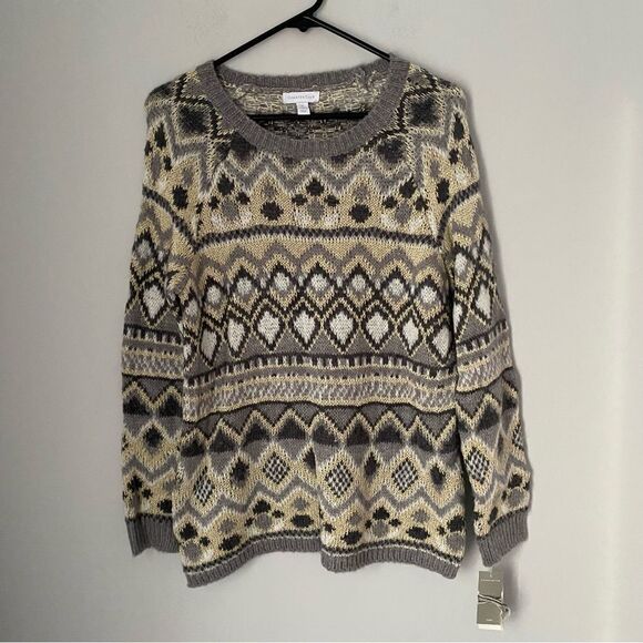 Charter Club Women’s Crew Neck Long Sleeve Thick Knit Gray and Gold Sweater M - Picture 1 of 3